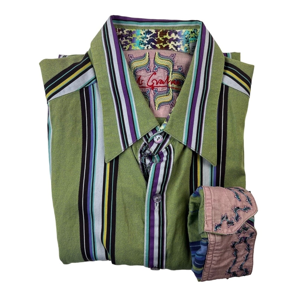 Robert Graham Green Purple & Yellow Stripe Long Sleeve Button Up Men's Size XL